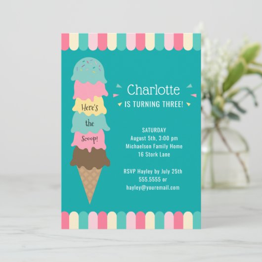 アイスクリーム子供の誕生日パーティーティール（緑がかった色） 招待状 (スタンド正面)
