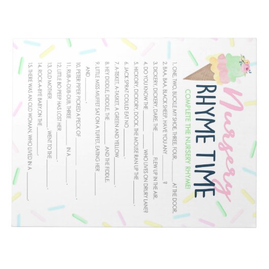 アイスクリーム子供部屋韻ベビーシャワーゲームパック ノートパッド (正面)