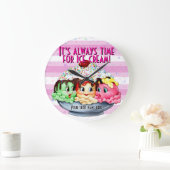 アイスクリーム手塗り.pink.dot.stripesの時間 ラージ壁時計 (ホーム)