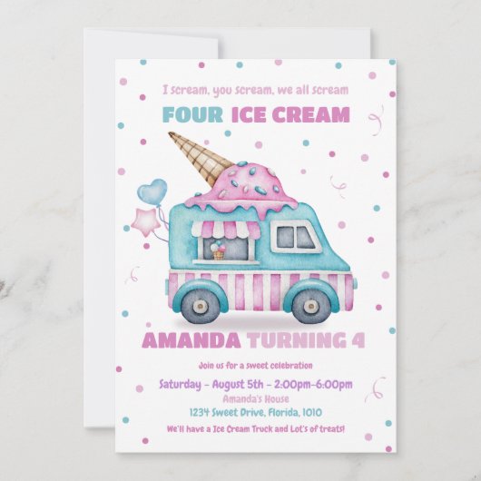 アイスクリーム招待状ピンクトラック誕生日招待状 招待状 (正面)