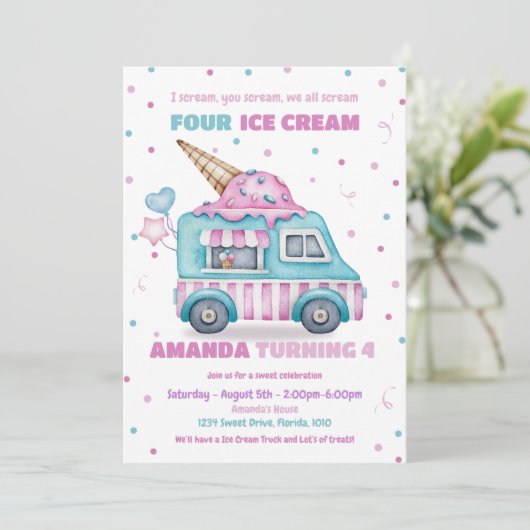 アイスクリーム招待状ピンクトラック誕生日招待状 招待状 (スタンド正面)