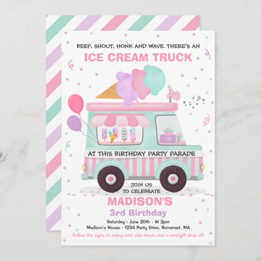 アイスクリーム誕生パーティードライブバイ誕生日パレード 招待状 (正面/裏面)