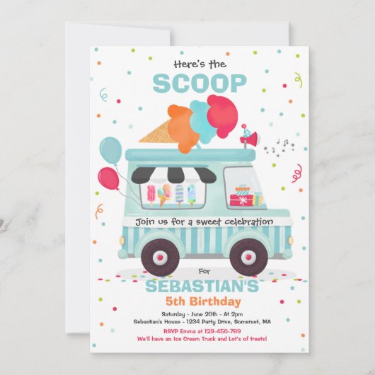 アイスクリーム誕生会アイスクリームトラック誕生日 招待状 (正面)