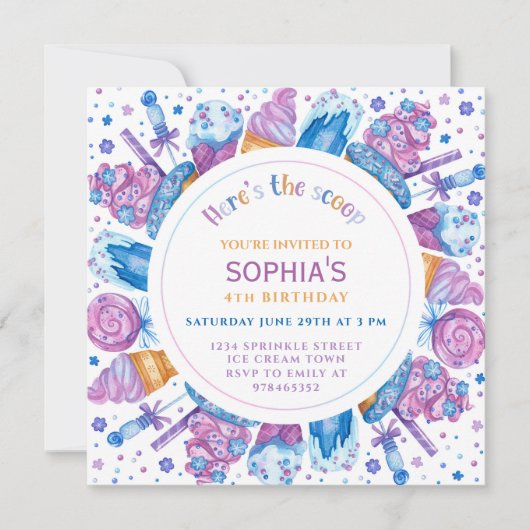アイスクリーム誕生日ガールズキッズはこちらスクープ 招待状 (正面)