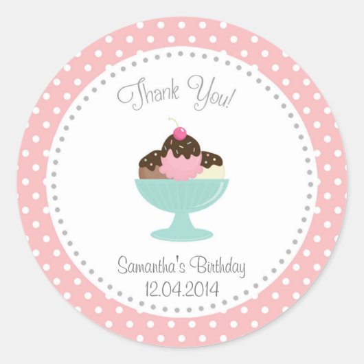 アイスクリーム誕生日サンキューステッカーピンク ラウンドシール (正面)