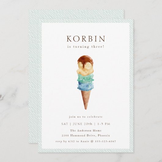 アイスクリーム誕生日パーティーの招待状 招待状 (正面/裏面)