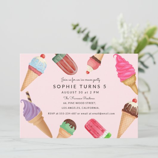 アイスクリーム誕生日ピンクサマーパーティー 招待状 (スタンド正面)