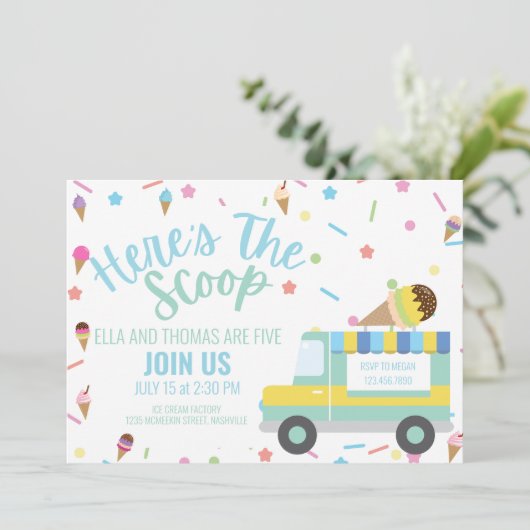 アイスクリーム誕生日兄弟姉妹誕生日ツイン誕生日 招待状 (スタンド正面)