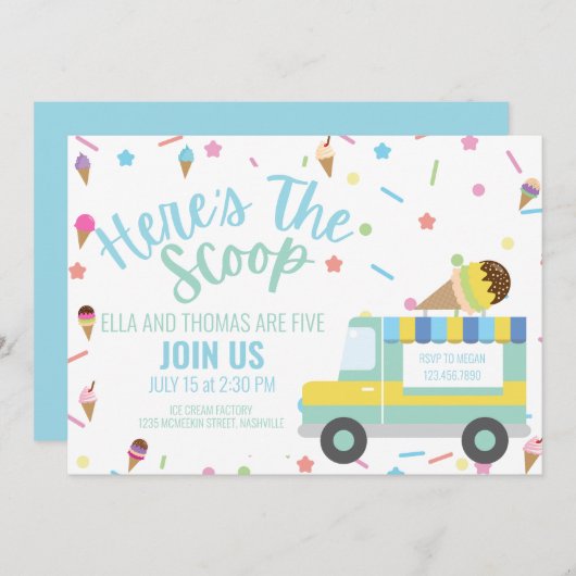 アイスクリーム誕生日兄弟姉妹誕生日ツイン誕生日 招待状 (正面/裏面)