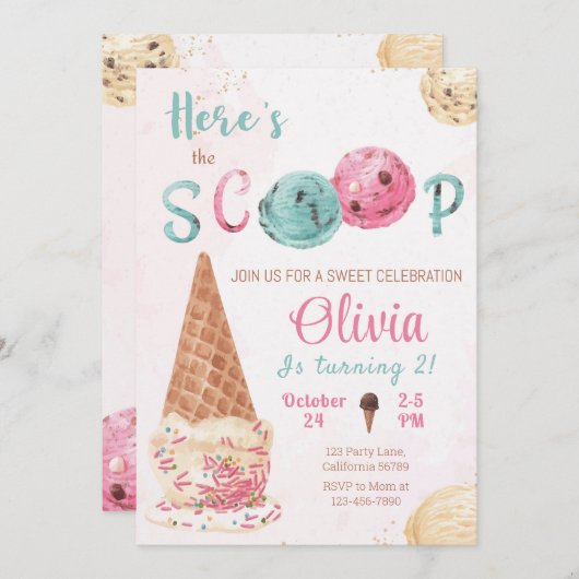 アイスクリーム誕生日招待状こちらスクープ 招待状 (正面/裏面)