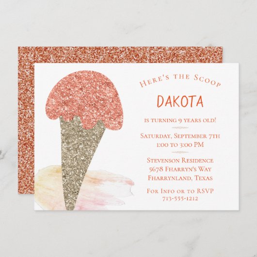 アイスクリーム誕生日 |甘モダンいバラ金ゴールドパーティー 招待状 (正面/裏面)