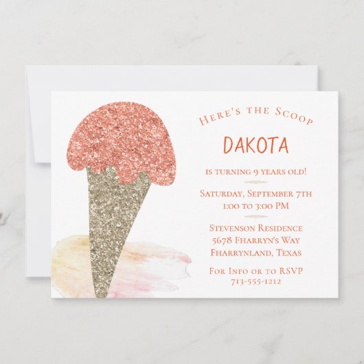 アイスクリーム誕生日 |甘モダンいバラ金ゴールドパーティー 招待状 (正面)