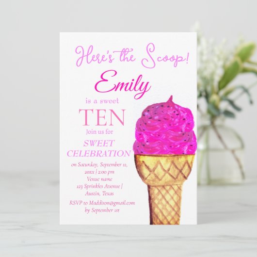 アイスクリーム10誕生日ガールピンク水色 招待状 (スタンド正面)