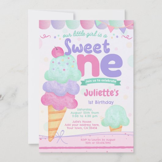 アイスクリーム1st誕生日パーティの招待状 招待状 (正面)
