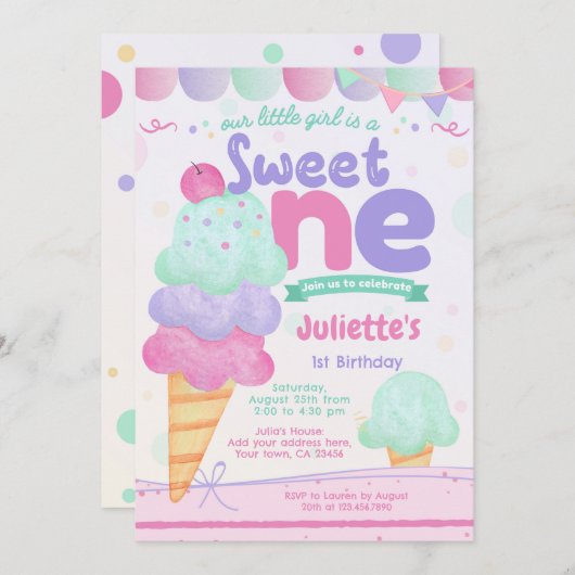 アイスクリーム1st誕生日パーティの招待状 招待状 (正面/裏面)