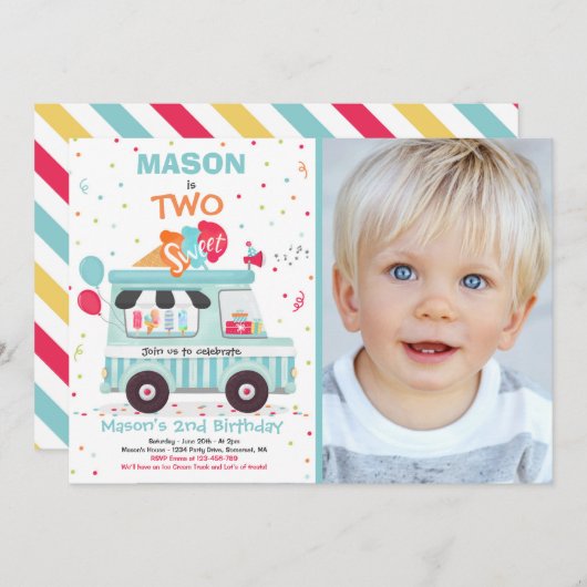 アイスクリーム2つ甘い2歳の誕生日アイスクリームトラック 招待状 (正面/裏面)