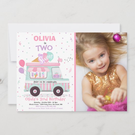 アイスクリーム2つ甘い2歳の誕生日アイスクリームトラックI 招待状 (正面)