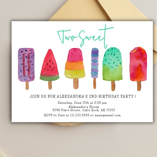 アイスクリーム2歳の誕生日パーティーにぴったりな「Two Sweet Popsicles」 招待状