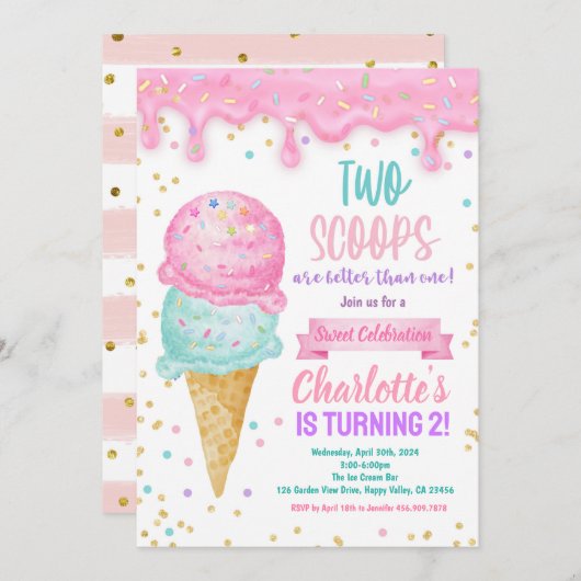 アイスクリーム2nd誕生日パーティー2スクープ良い 招待状 (正面/裏面)