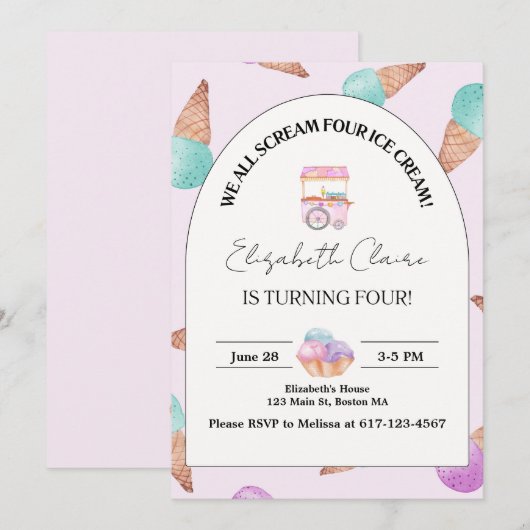 アイスクリーム4歳の誕生日招待状 招待状 (正面/裏面)
