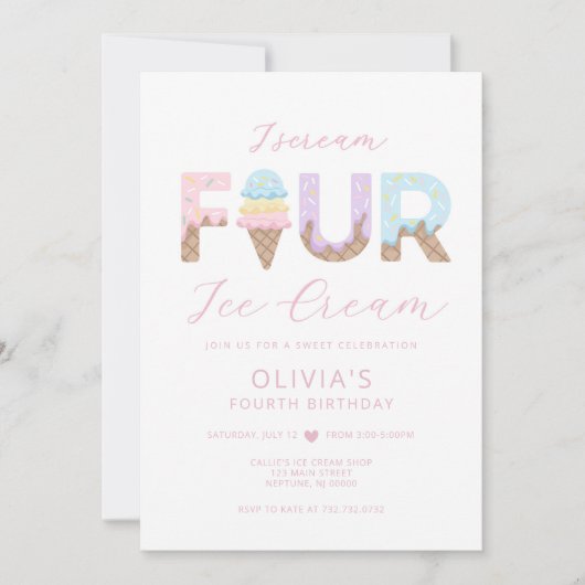 アイスクリーム4歳誕生日パーティー招待状 招待状 (正面)