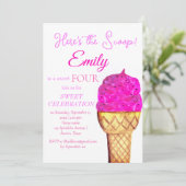 アイスクリーム4thバースデーガールピンク水彩 招待状 (スタンド正面)