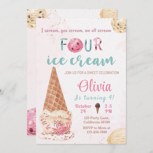 アイスクリーム4thバースデー招待状アイスクリーム招待状 招待状 (正面/裏面)