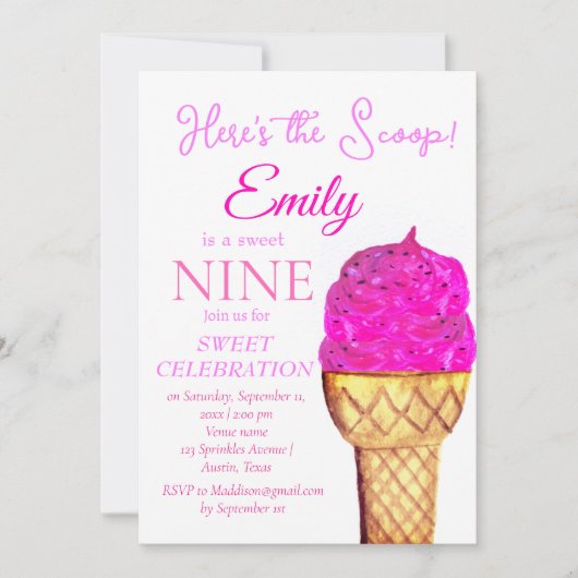 アイスクリーム9th誕生日ガールピンク水色 招待状 (正面)