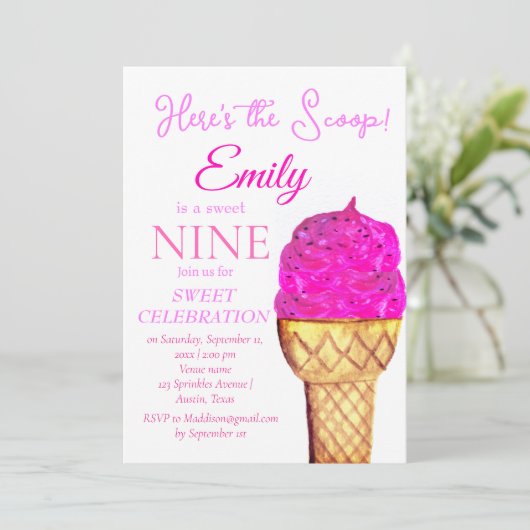 アイスクリーム9th誕生日ガールピンク水色 招待状 (スタンド正面)