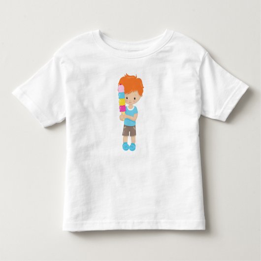 アイスクリーム、オレンジの髪、アイスクリームコーンを持つ男の子 トドラーTシャツ (正面)