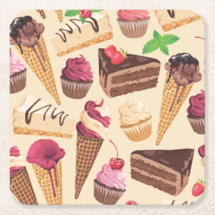 アイスクリーム、ケーキ、カップケーキ、チーズケーキの喜び スクエアペーパーコースター