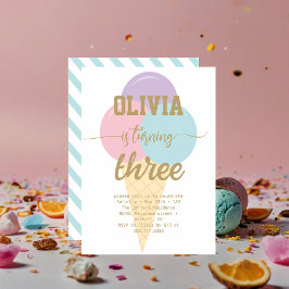 アイスクリーム ゴールド フォイル カリグラフィー 誕生日パーティ 招待状