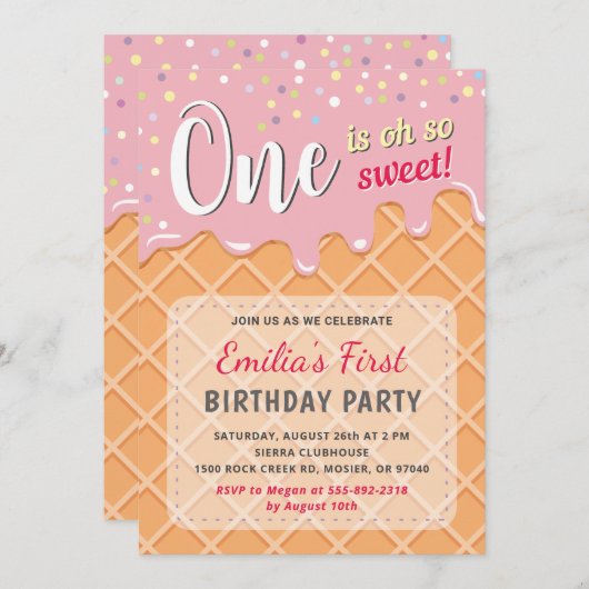 アイスクリーム·スイート·パーティー·ガールが初誕生日 招待状 (正面/裏面)