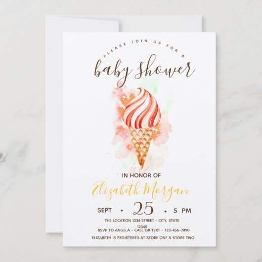 アイスクリーム、スプラッシュ絵を描スストライプベビーシャワー 招待状 (正面)