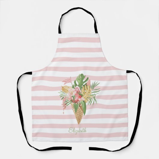 アイスクリーム、トロピカルリーフ フルーツ、ピンクのストライプ   St エプロン (正面)