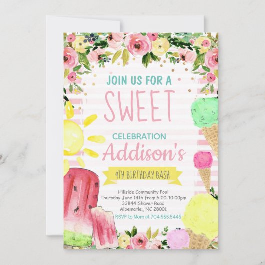 アイスクリーム バースデー サマー プールパーティー 招待状 (正面)