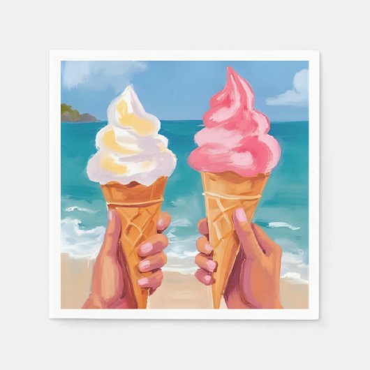 アイスクリーム ビーチ 海 水彩画 スタンダードカクテルナプキン (正面)