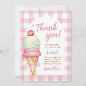 アイスクリーム ピンクの蝶結び ギンガム 誕生日パーティー サンキューカード (正面)