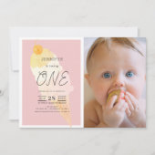 アイスクリーム ピンクストライプ 女の子 1歳 誕生日 招待状 (正面)