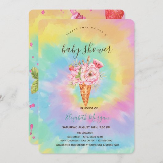 アイスクリーム、フルーツカラフル絞り染め赤ちゃんシャワー 招待状 (正面/裏面)