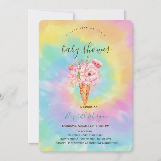 アイスクリーム、フルーツカラフル絞り染め赤ちゃんシャワー 招待状 (正面)