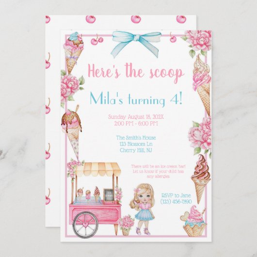 アイスクリーム&フローラ誕生日招待状 招待状 (正面/裏面)