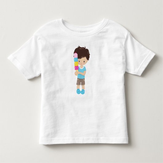 アイスクリーム、ブラウンヘア、アイスクリームコーンを持つ男の子 トドラーTシャツ (正面)