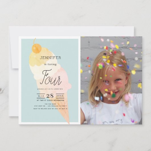 アイスクリーム ライトブルー 誕生日 招待状 (正面)