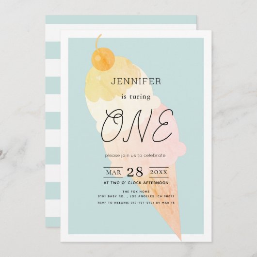 アイスクリーム ライトブルー 1歳誕生日 招待状 (正面/裏面)