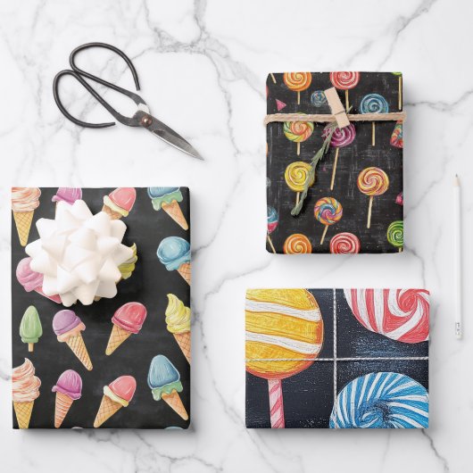 アイスクリーム、ロリポップ、甘いお菓子かわいいギフトセット ラッピングペーパーシート (正面)