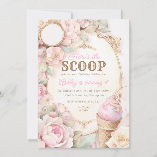 アイスクリーム、ヴィンテージアイスクリームフローラピンク 招待状 (正面)