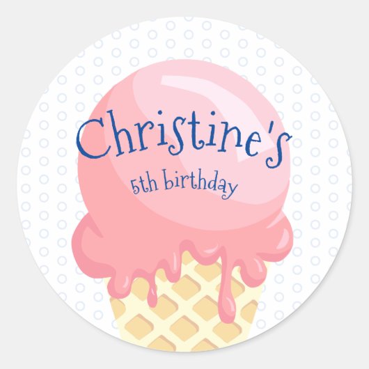 アイスクリーム 子供の誕生日 ピンク 青 名前 ラウンドシール (正面)