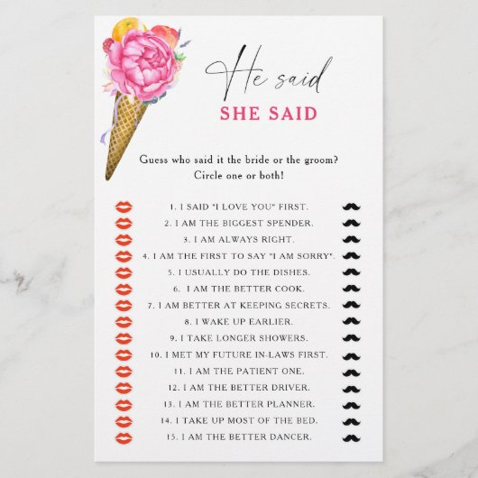 アイスクリーム – 彼は彼女はブライダルシャワーゲームと言った (正面)