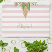 アイスクリーム、熱帯葉産果物、ピンクストライプ色 キッチンタオル (折り畳み)